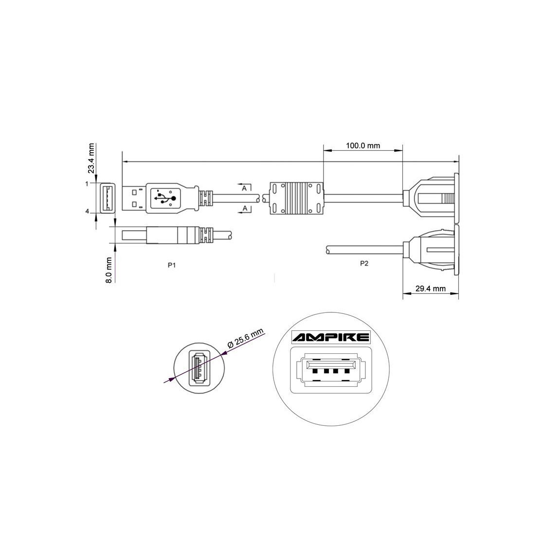 Ampire USB- Einbaubuchse mit 200 cm Kabel